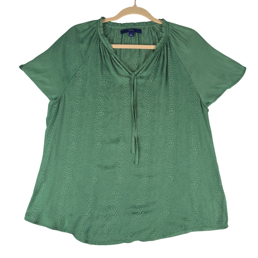 Apt. 9 Split Neck Blouse Women Sz L Green Animal Print Jacquard Short Sleeve Tie